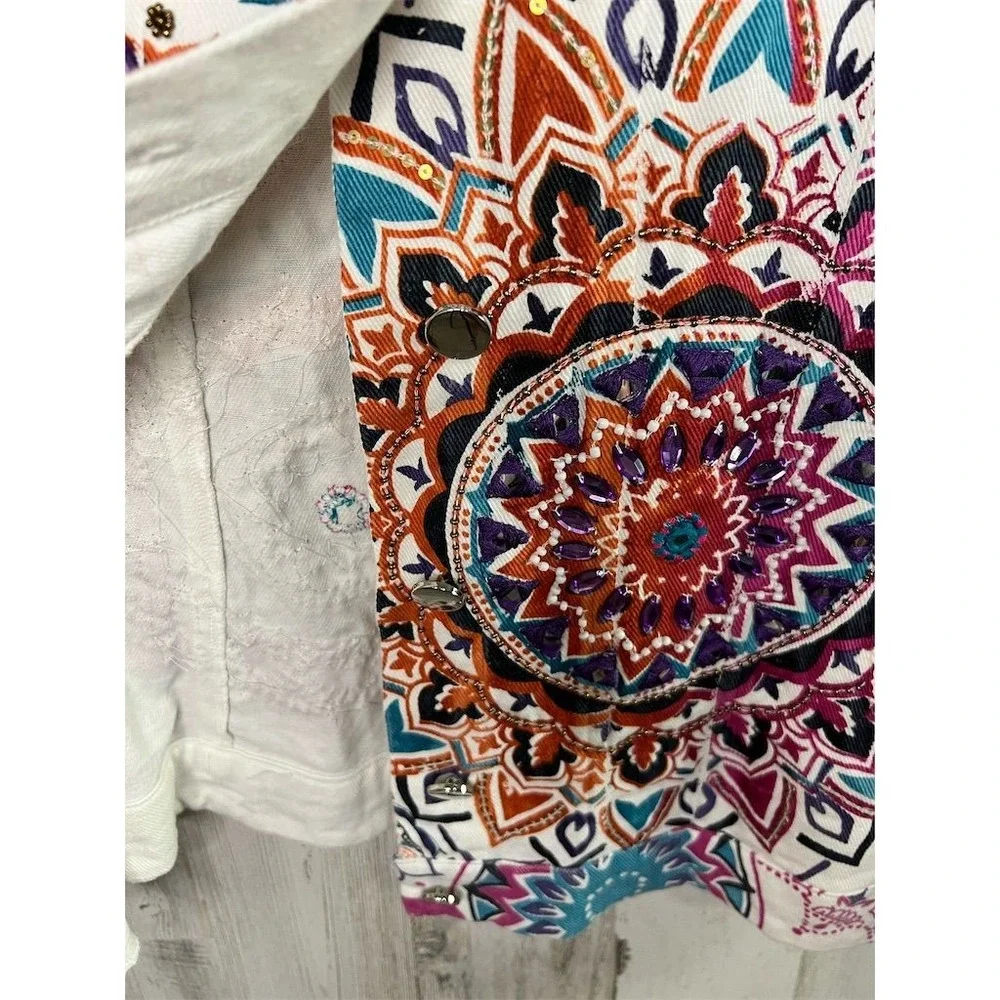 Boston Proper Womens White Mandala Embellished Denim Jacket Size S Boho Beaded - Picture 10 of 16